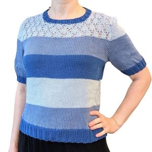 HANDMADE EUC short-sleeve blue stripe sweater with crochet details